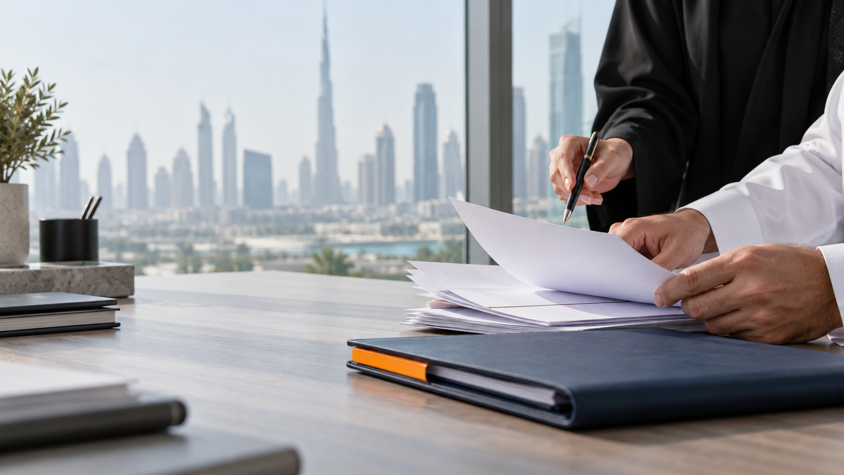 Two professionals reviewing paperwork in an office overlooking Dubai