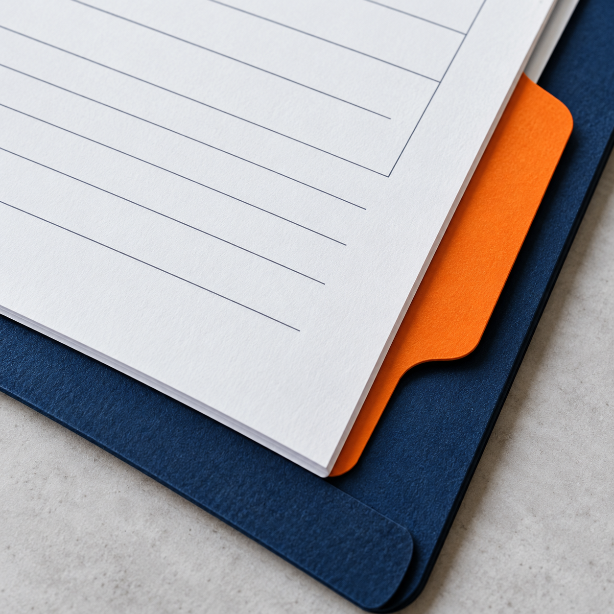 Official-looking papers with navy and orange document folders