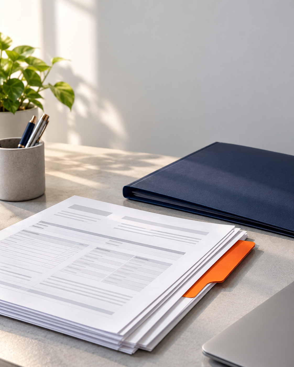 Prepared payroll papers beside a navy folder